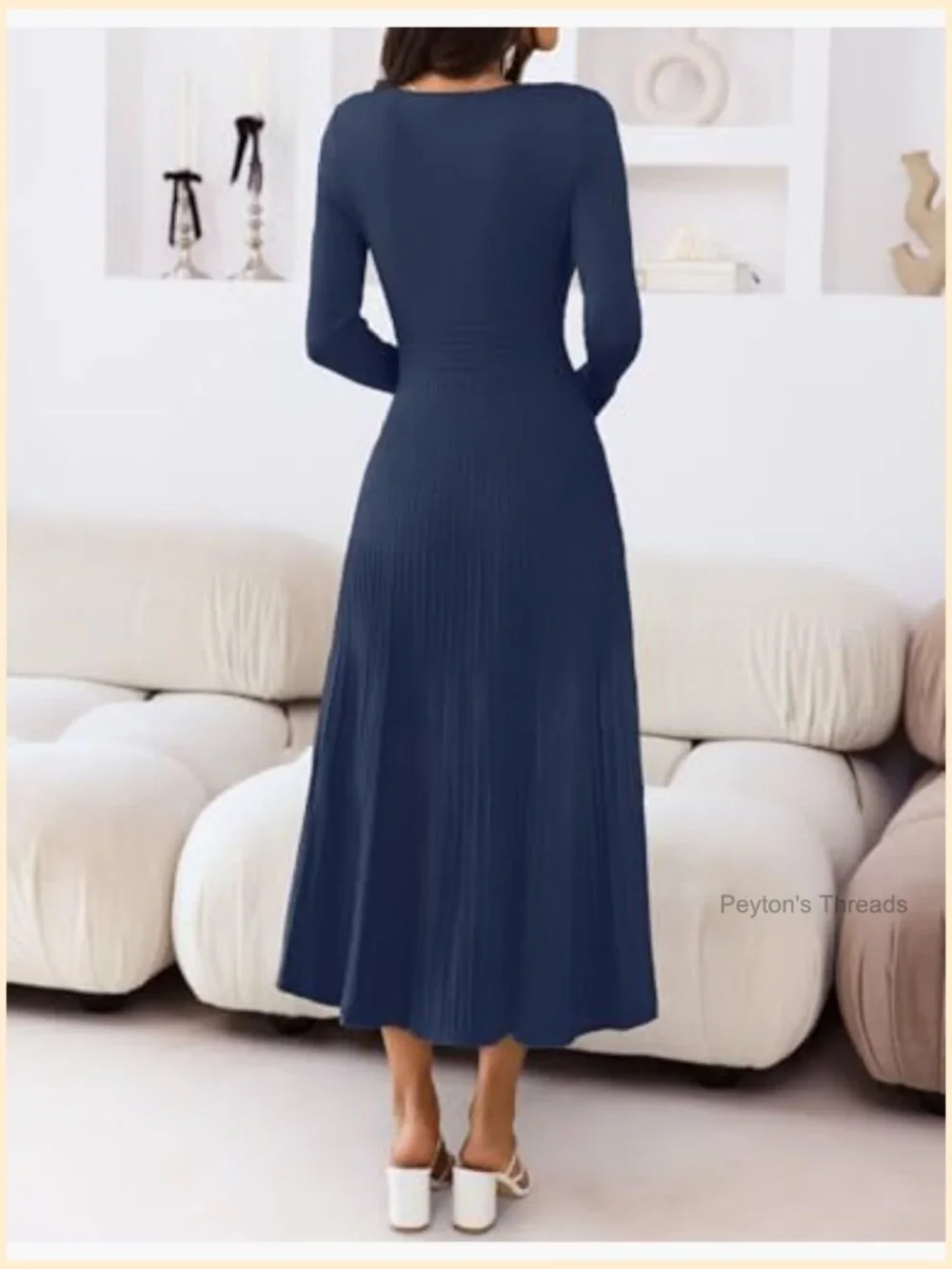 Square Neck Long Sleeve Pleated Knit Midi Dress - Picture 4 of 7